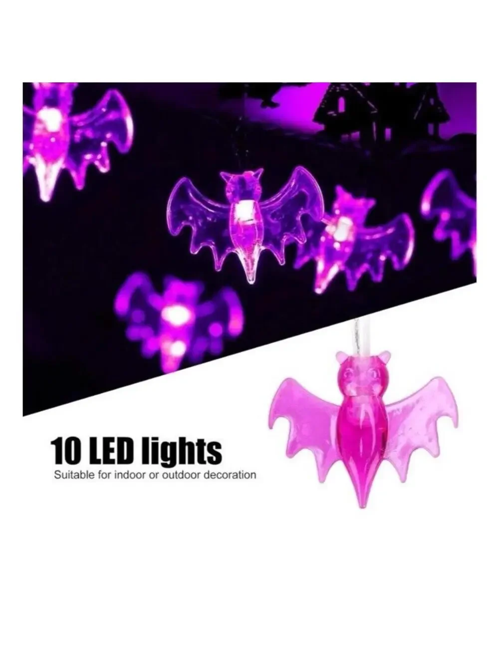 Halloween Purple LED Bat String Lights Indoor Outdoor Decor, 10pc, Battery, New
